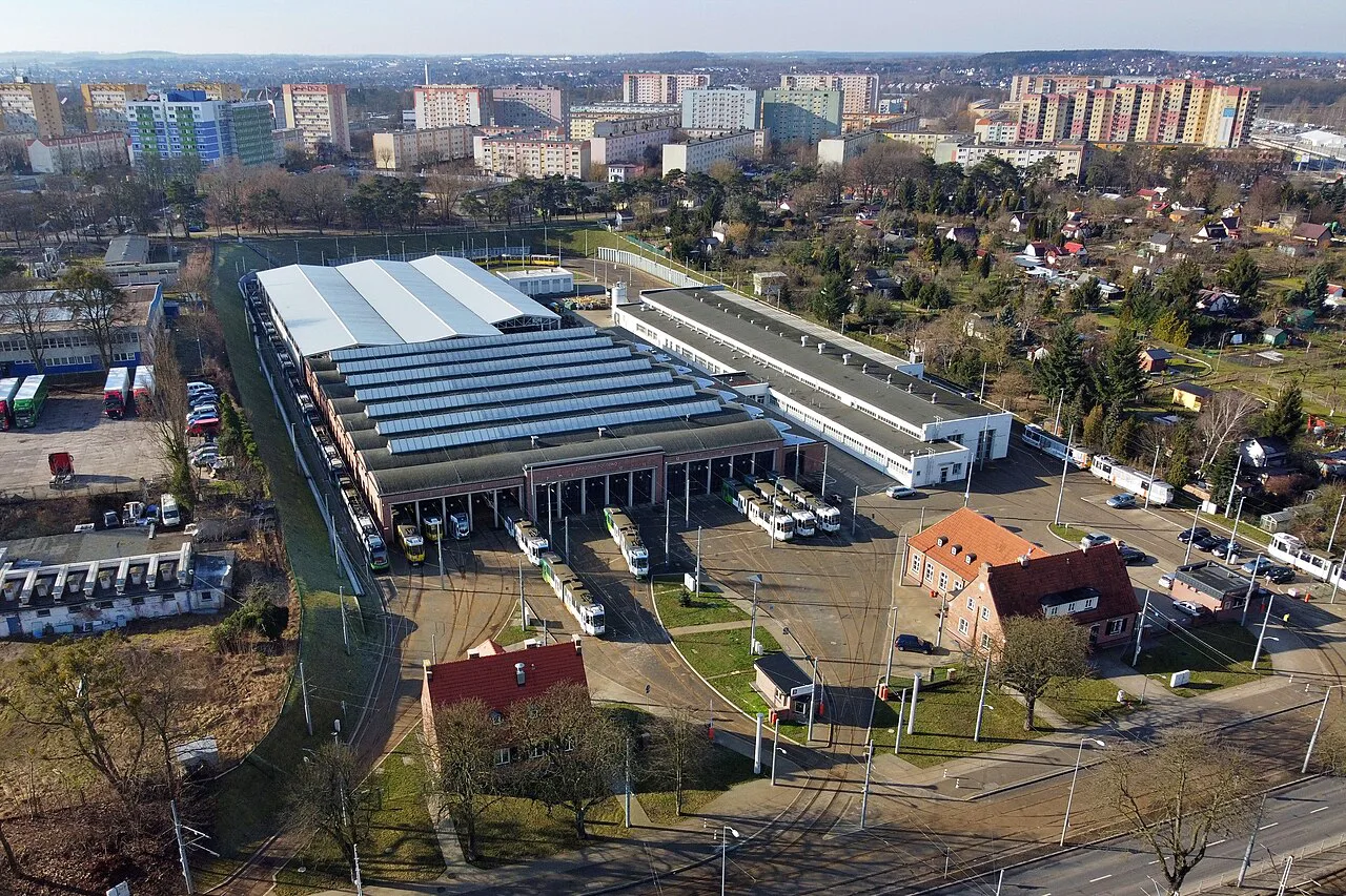 Aerial view of the Pogodno tram depot on Aleja Wojska Polskiego in Szczecin.