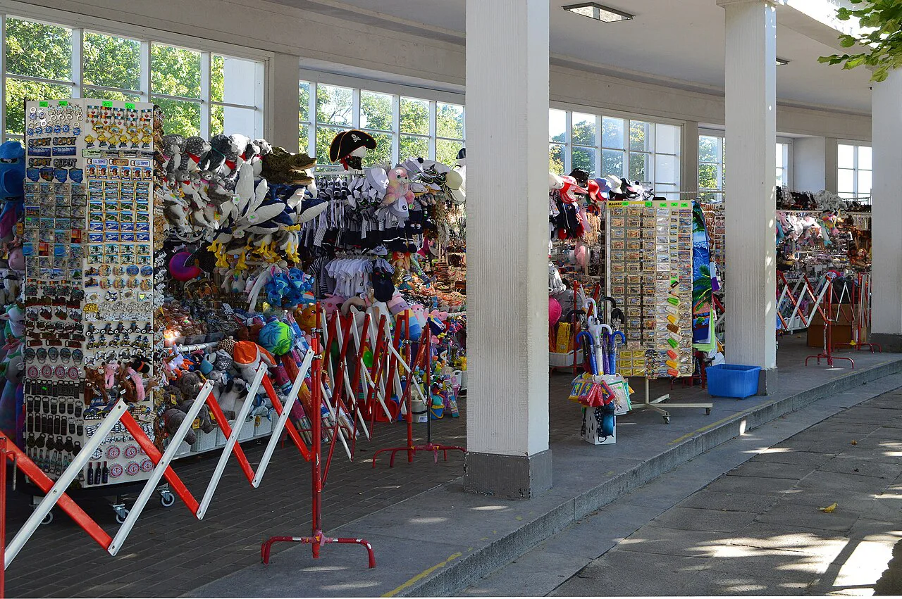 Souvenir stalls at Sopot pier.
