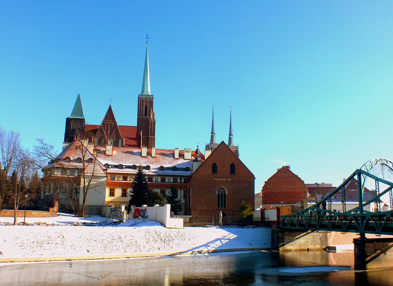 Ostrów Tumski in Wrocław on a snowy day.
