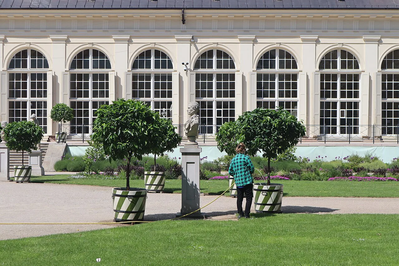 Potted trees outside the Old Orangery in Łazienki Park, Warsaw.