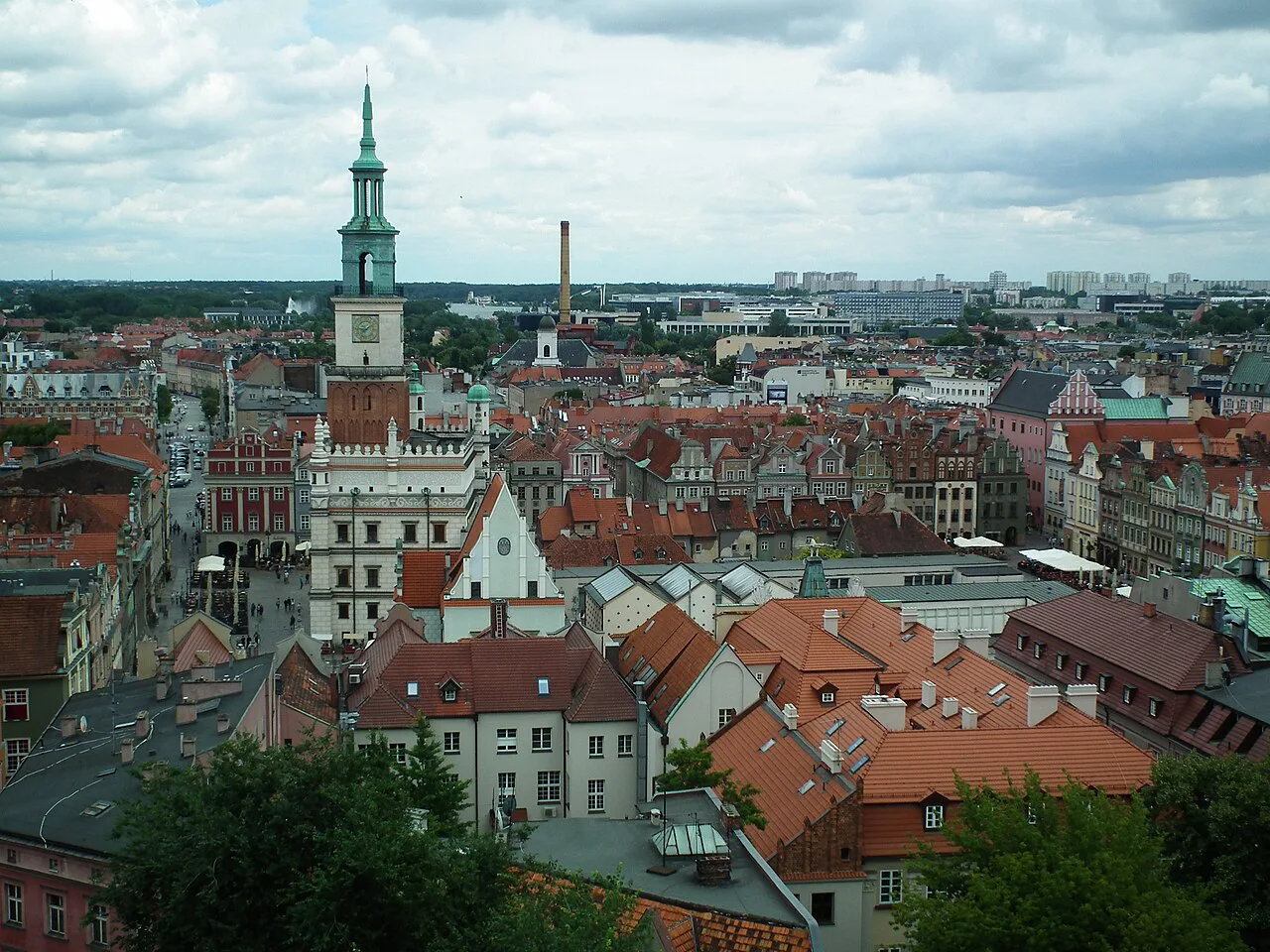 View over Poznań's Old Market Square and Town Hall tower from the Royal Castle.