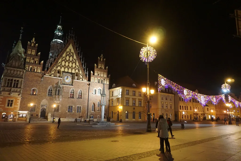 Wrocław's Old Town Hall on the Market Square at night.