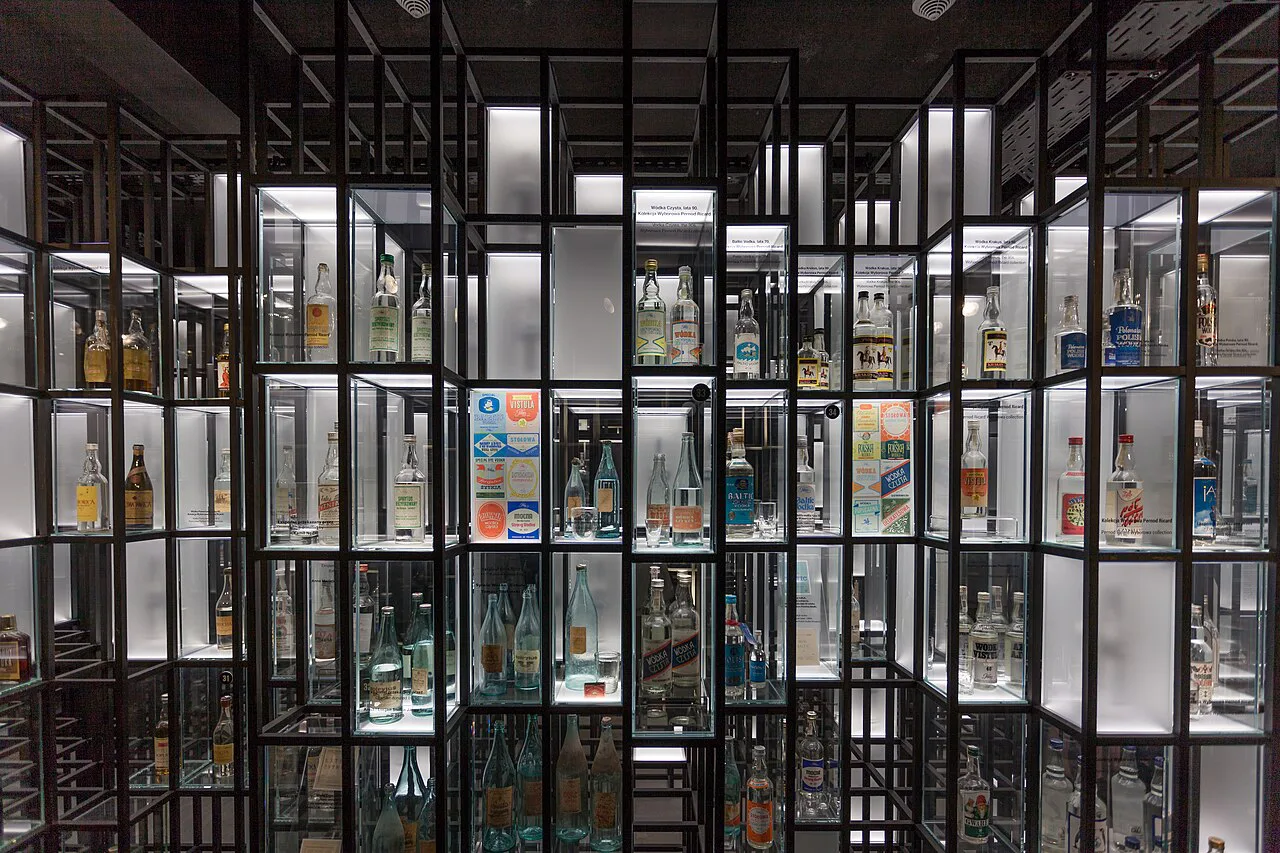 Vodka bottles on display at the Polish Vodka Museum in Warsaw.