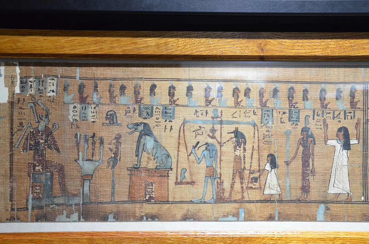 An ancient Egyptian painted scroll on display at the Poznań Archaeological Museum.