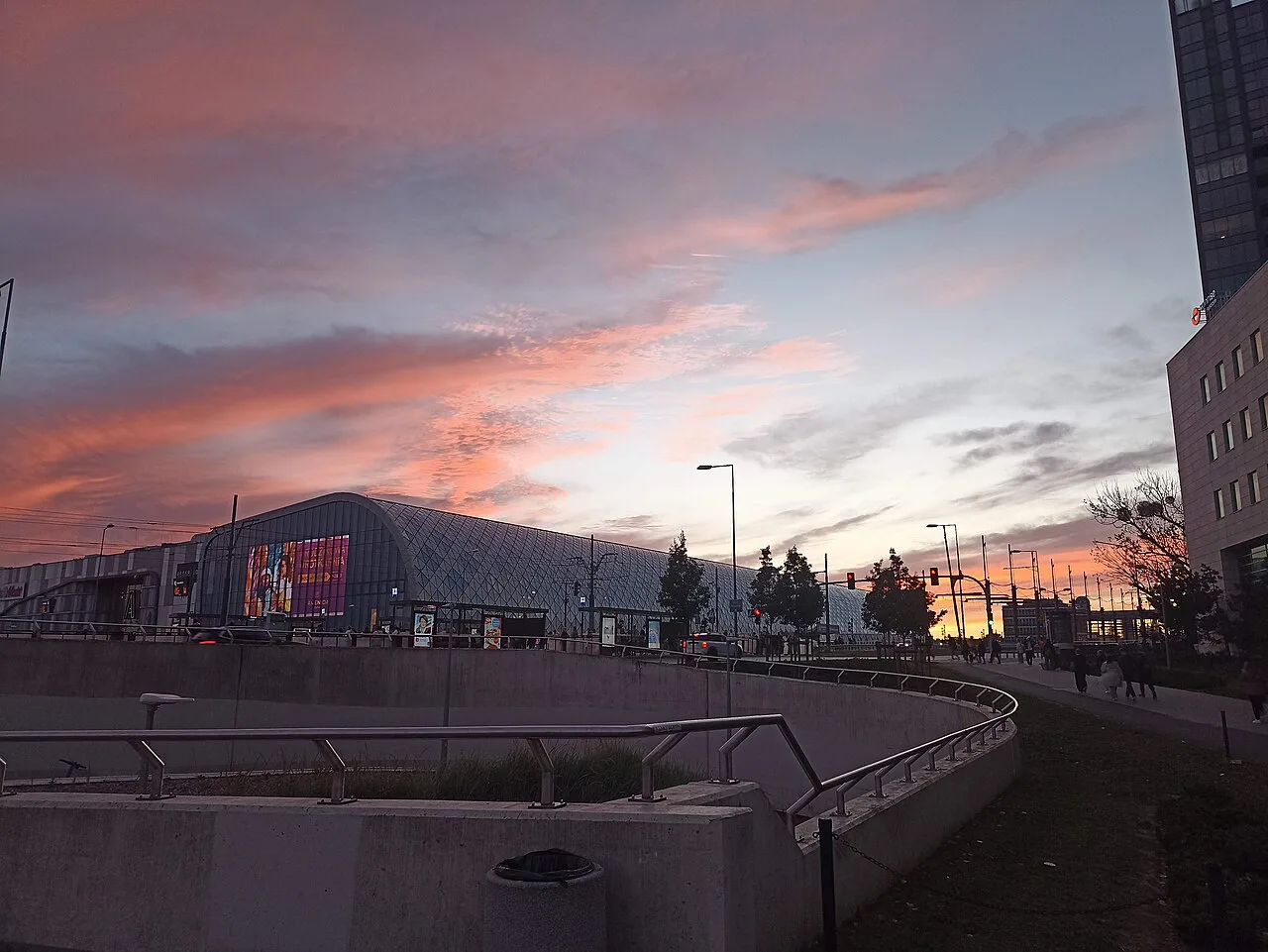 Sunset over the Poznań Główny station area in Poznań.