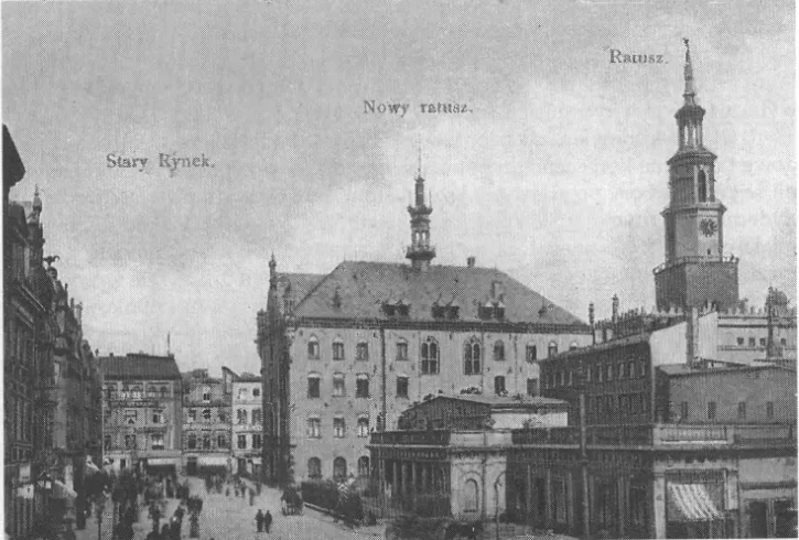 Historic view of Poznań's New Town Hall on the Old Market Square.