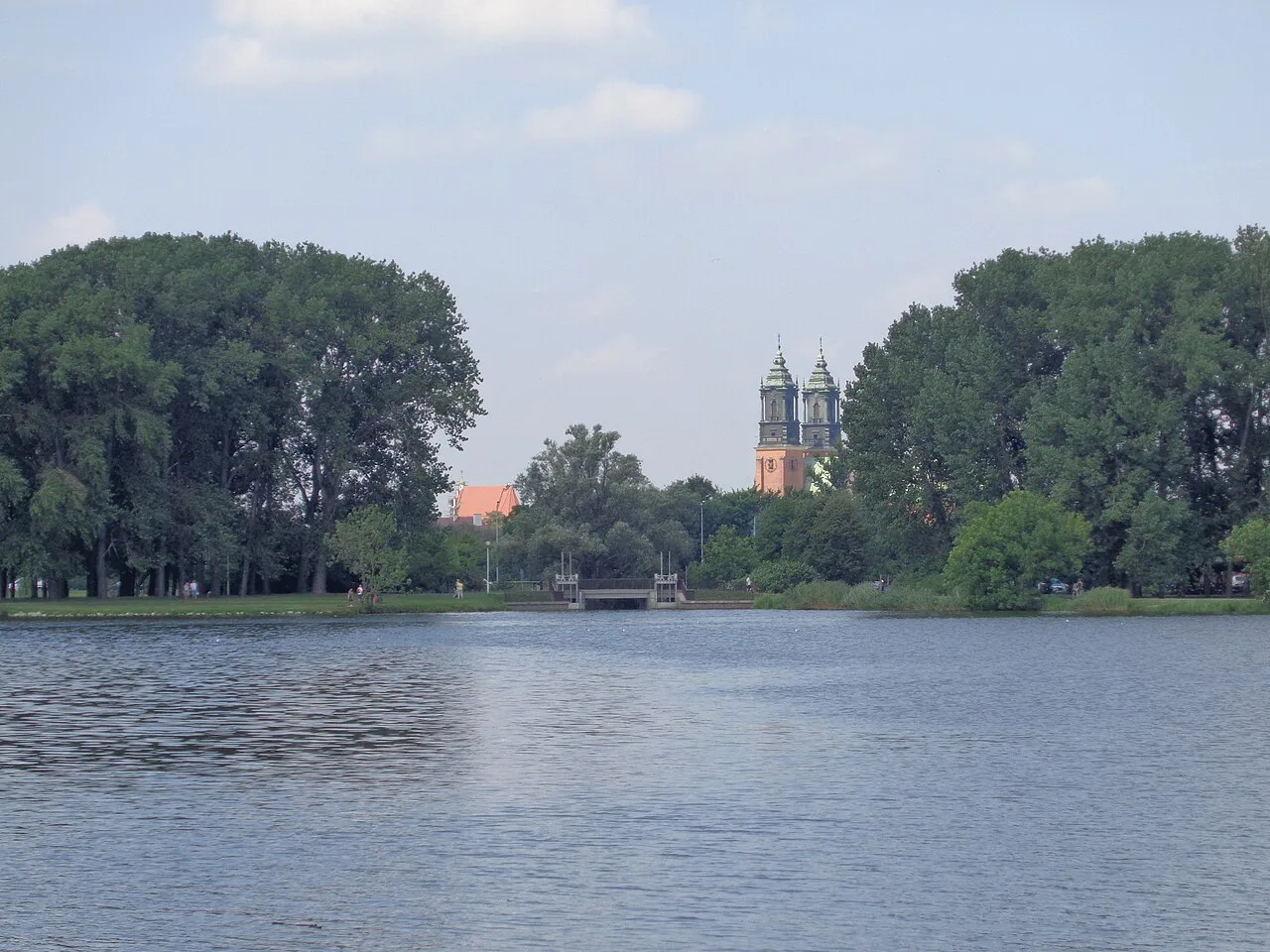 Lake Malta in Poznań, with the cathedral towers in the background.