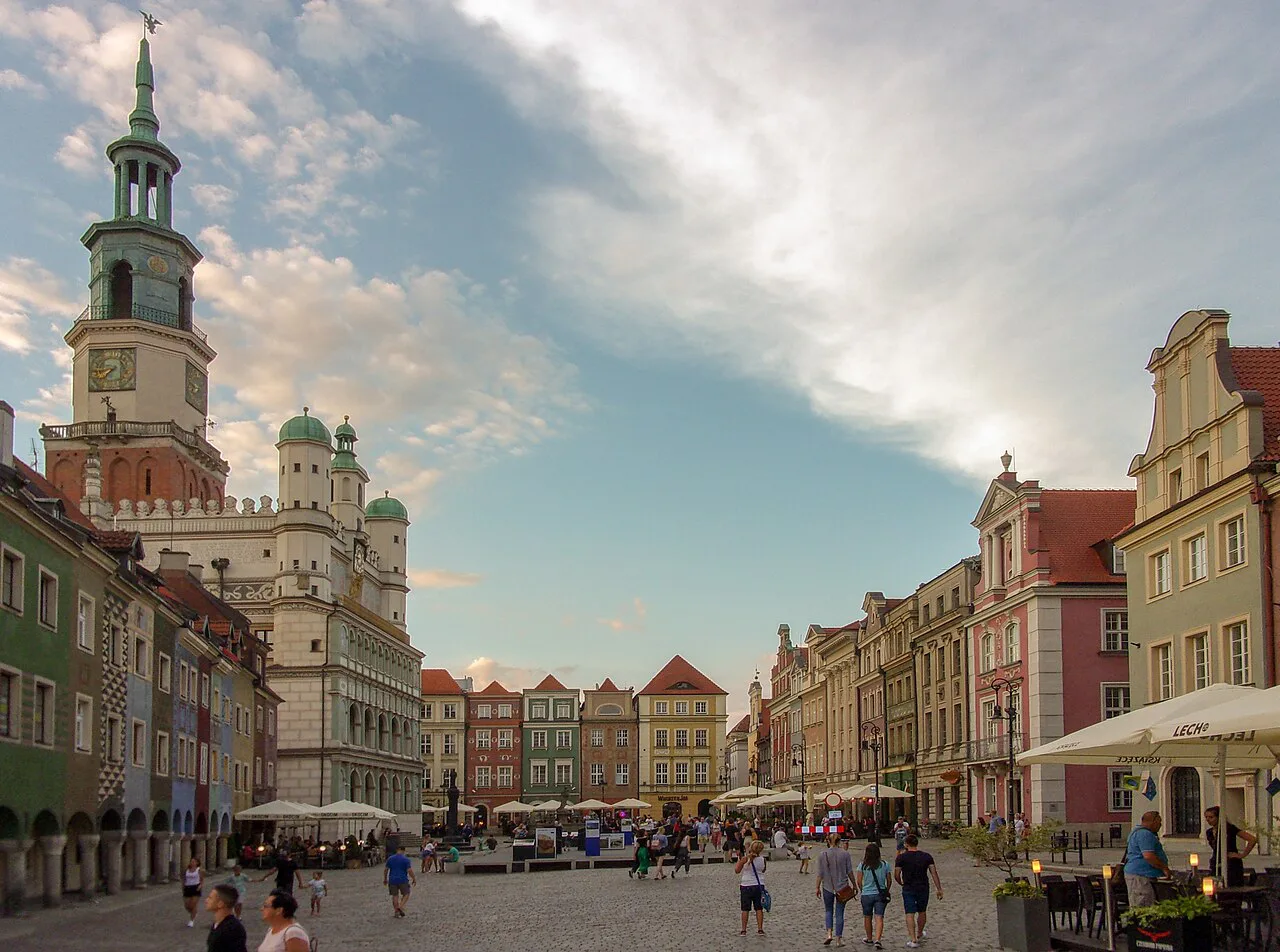 The Old Market Square and Town Hall tower in Poznań.