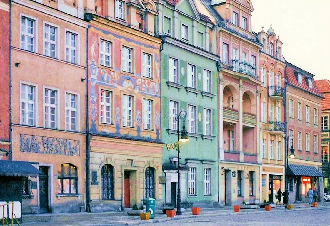 Painted townhouses on the Old Market Square in Poznań.