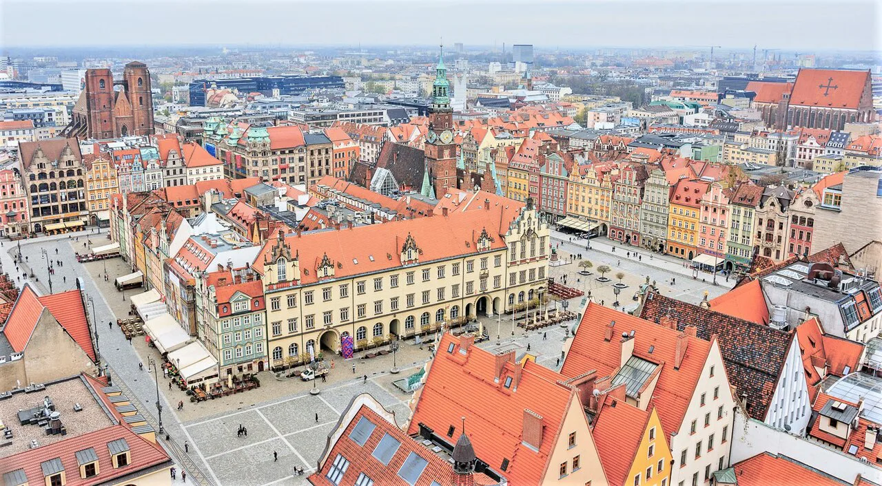 Aerial view of the Market Square in Wrocław.