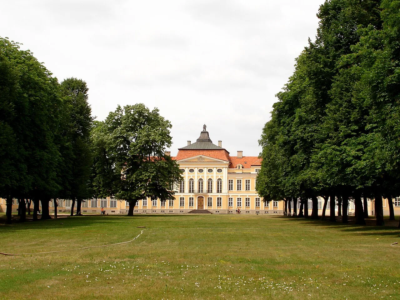 Rogalin Palace framed by trees.