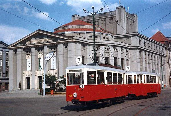 A historic museum tram in front of the Silesian Theatre in Katowice.