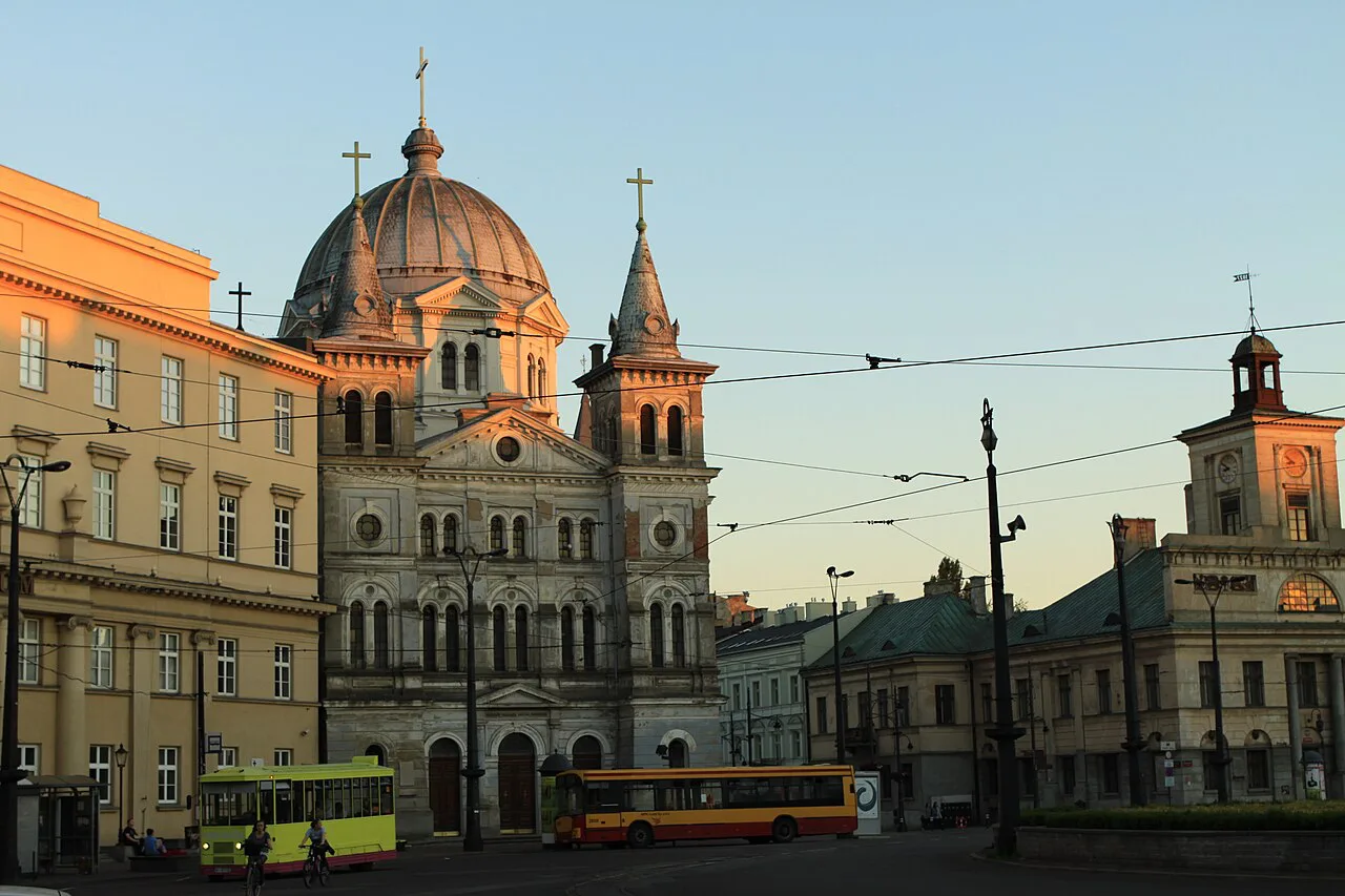 A domed church and trams in central Łódź.