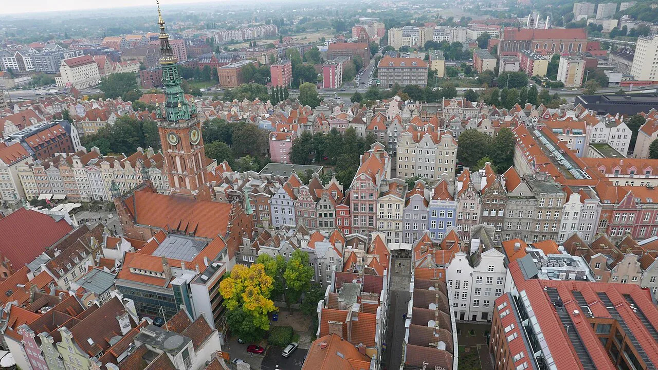 Main Town Hall and the rooftops of Gdańsk seen from the tower of St Mary's Church.