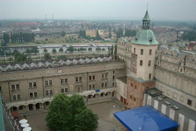 The courtyard and clock tower of the castle in Szczecin, seen from above.