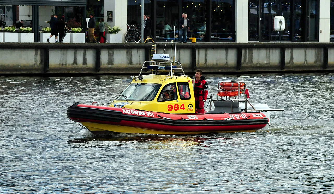 A water rescue boat on the river in Szczecin.