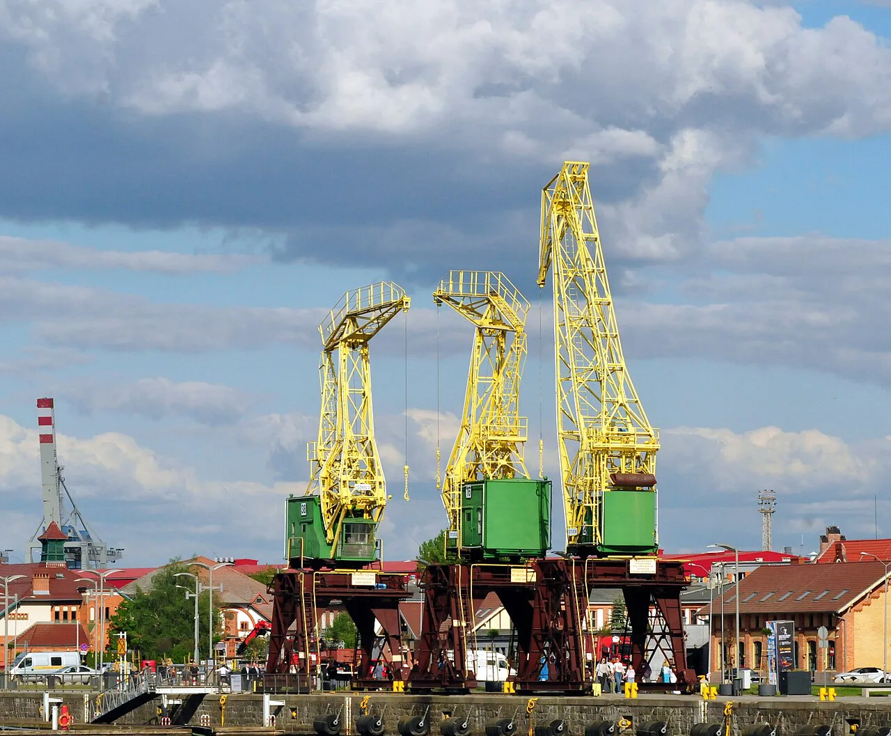 Old port cranes on the waterfront in Szczecin.