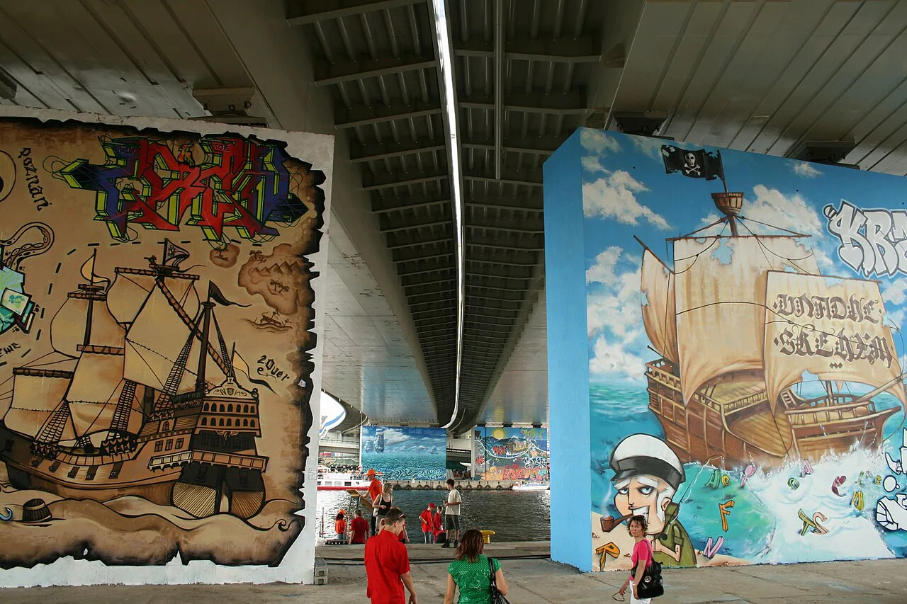 Ship murals painted on a flyover underpass in Szczecin