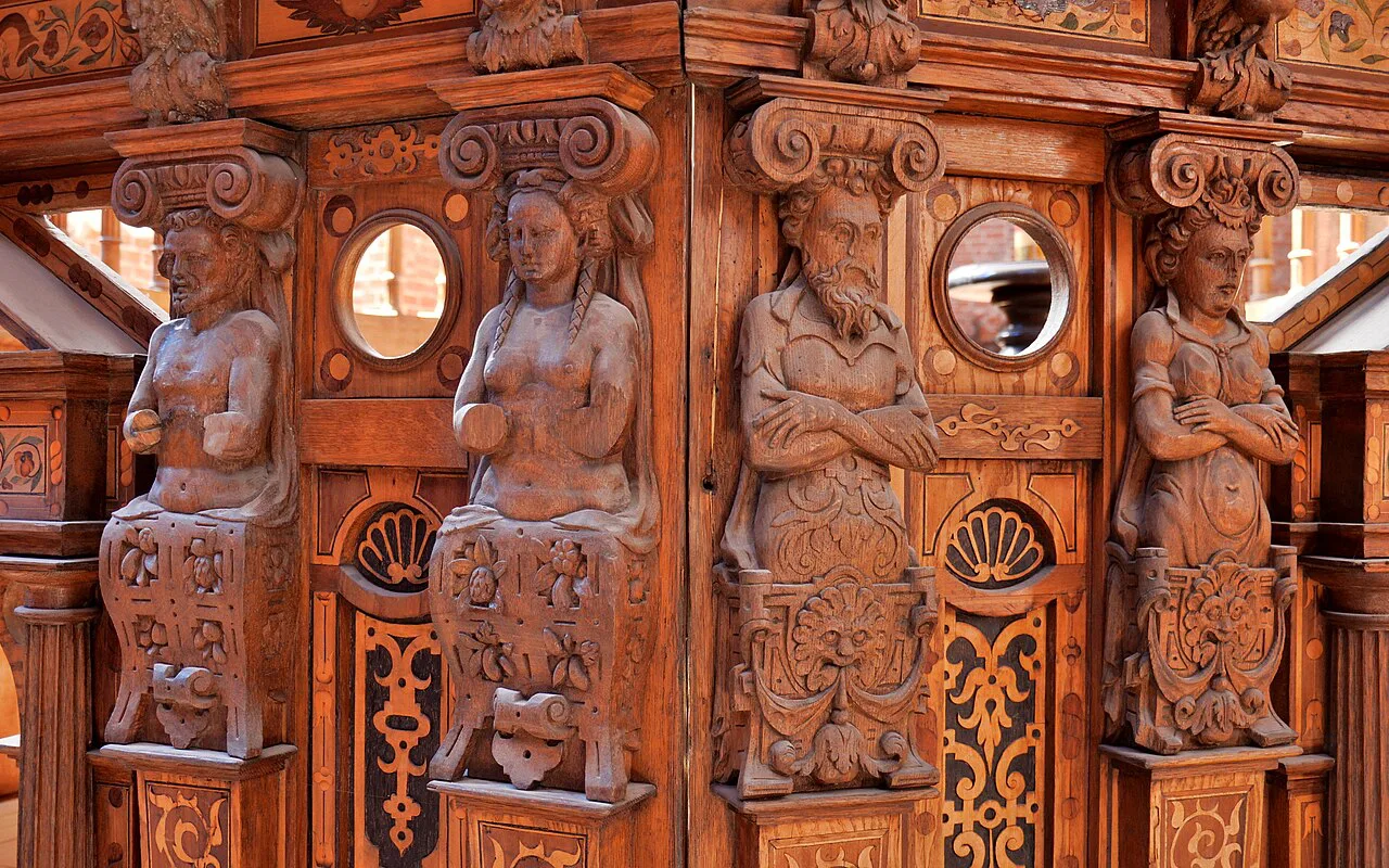 Carved detail of the 1585 baptistery in St Catherine's Church, Gdańsk.