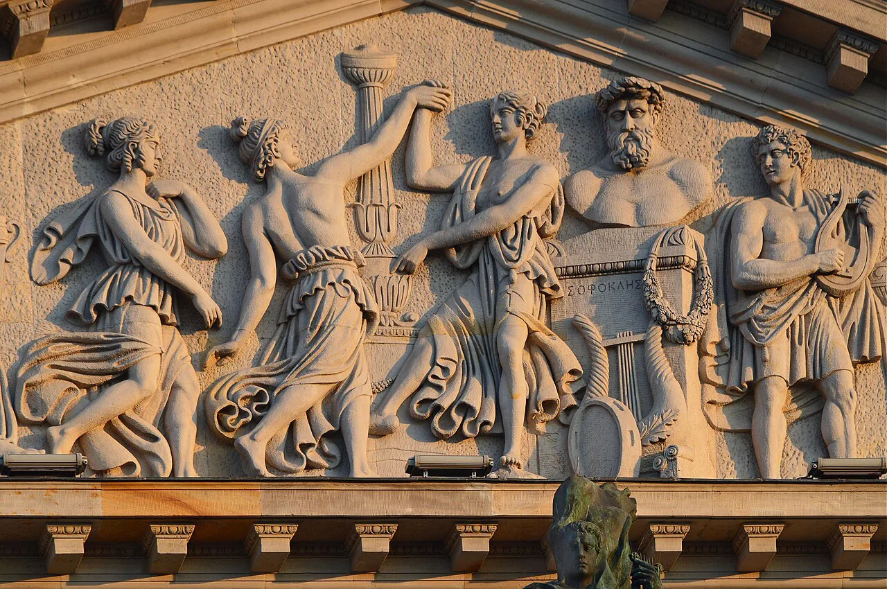 A sculpted relief on the Grand Theatre in Warsaw.