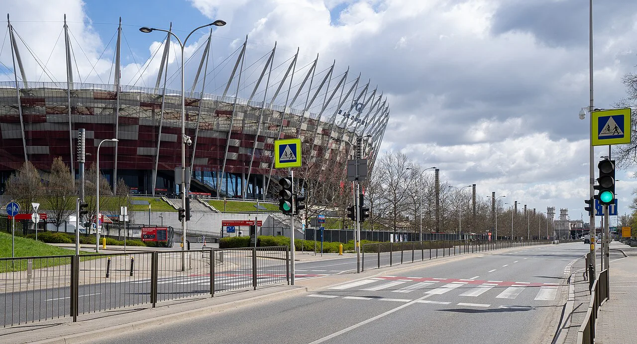 The National Stadium seen from Wybrzeże Szczecińskie Street in Warsaw.