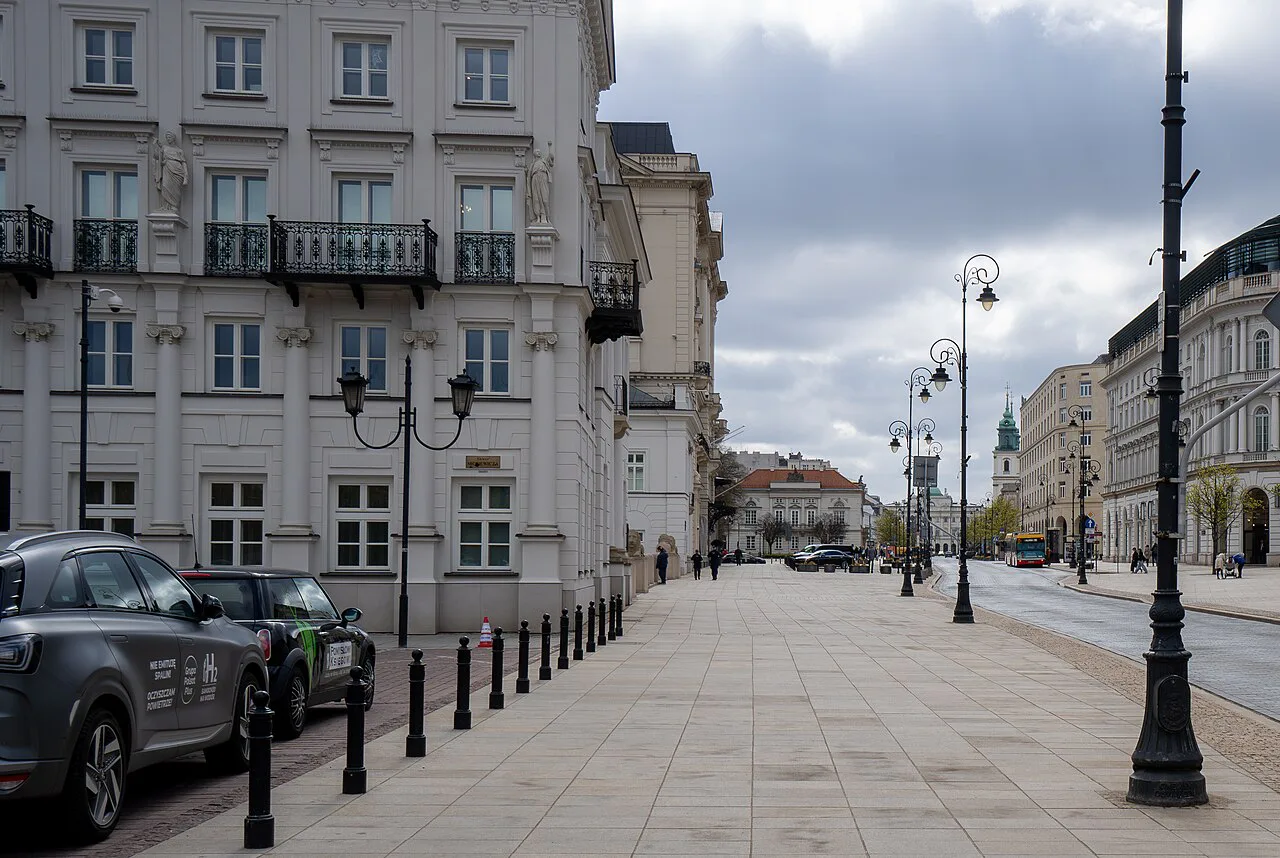Street lamps and pavements on Krakowskie Przedmieście in Warsaw.