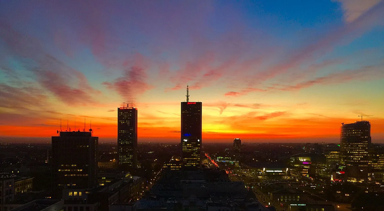 The Warsaw skyline at dusk.