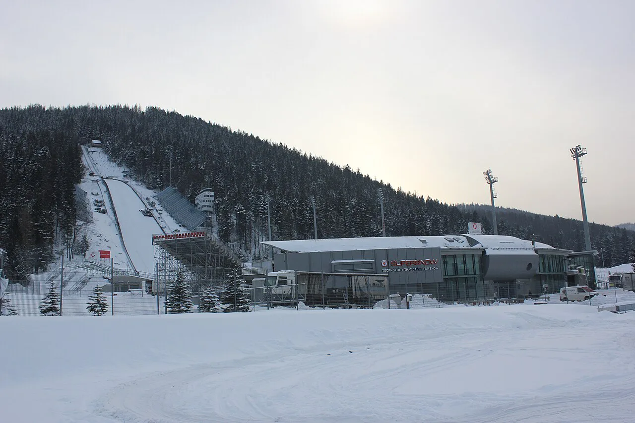 The Wielka Krokiew ski jump in Zakopane in winter.