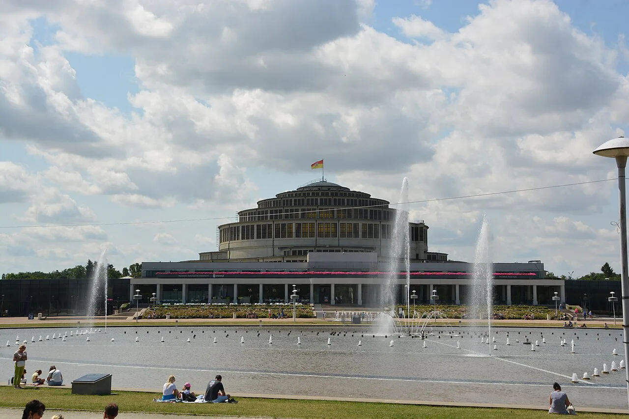 Centennial Hall in Wrocław behind the fountain pool.