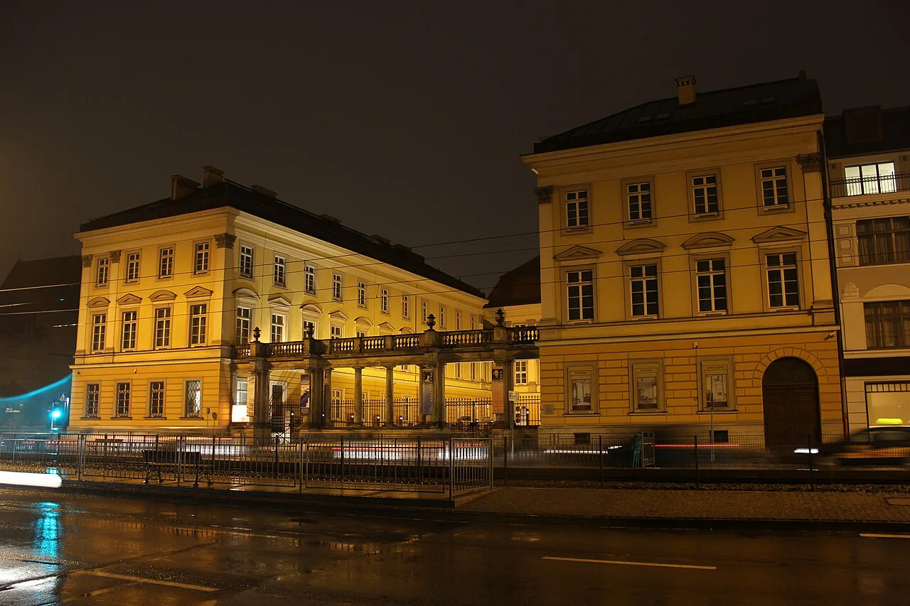 The former palace of the Prussian kings in Wrocław at night.