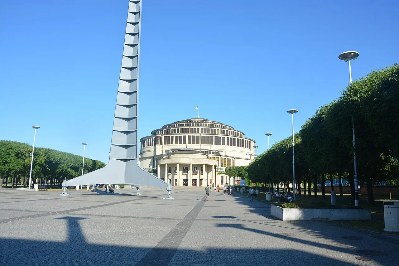 The Iglica spire in front of Centennial Hall in Wrocław.