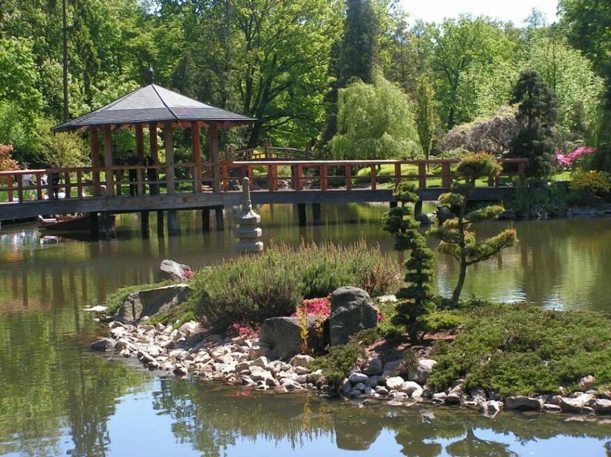 A bridge over the pond in the Japanese Garden in Wrocław.