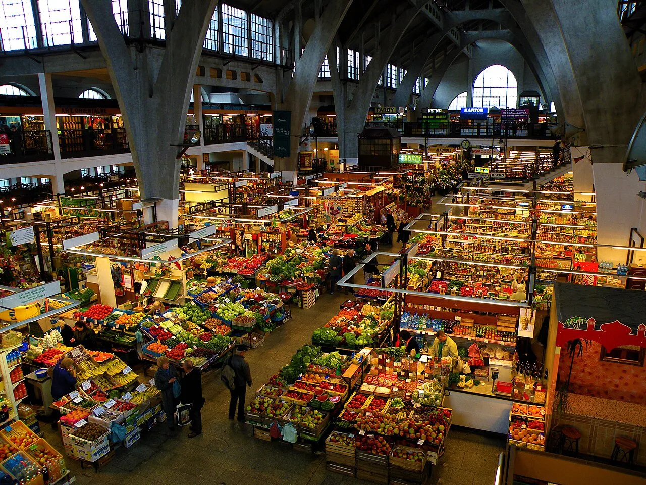 Produce stalls inside the Market Hall in Wrocław.