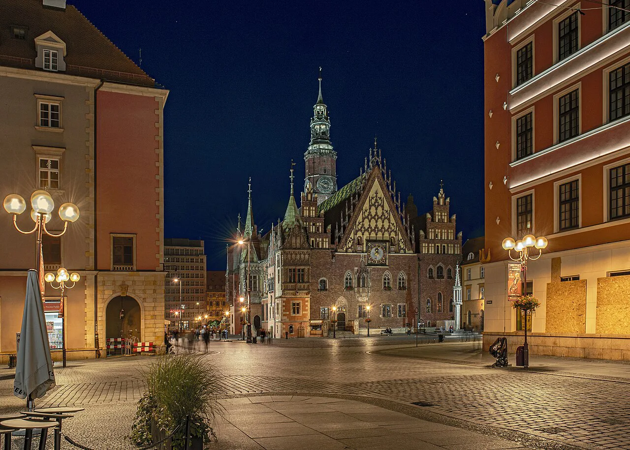 Wrocław's Old Town Hall at night.