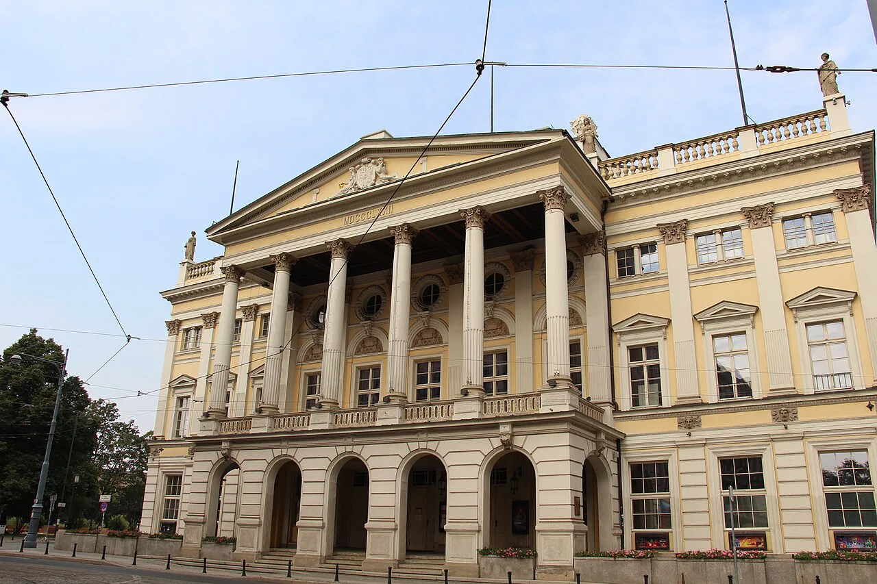 The colonnaded front of the Wrocław Opera on Świdnicka Street.