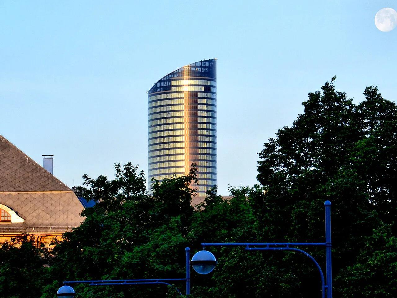 The Sky Tower rising above the trees in Wrocław.