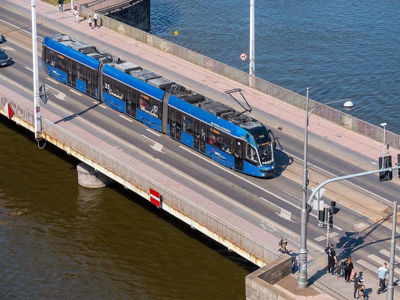 A tram crossing the University Bridges in Wrocław.