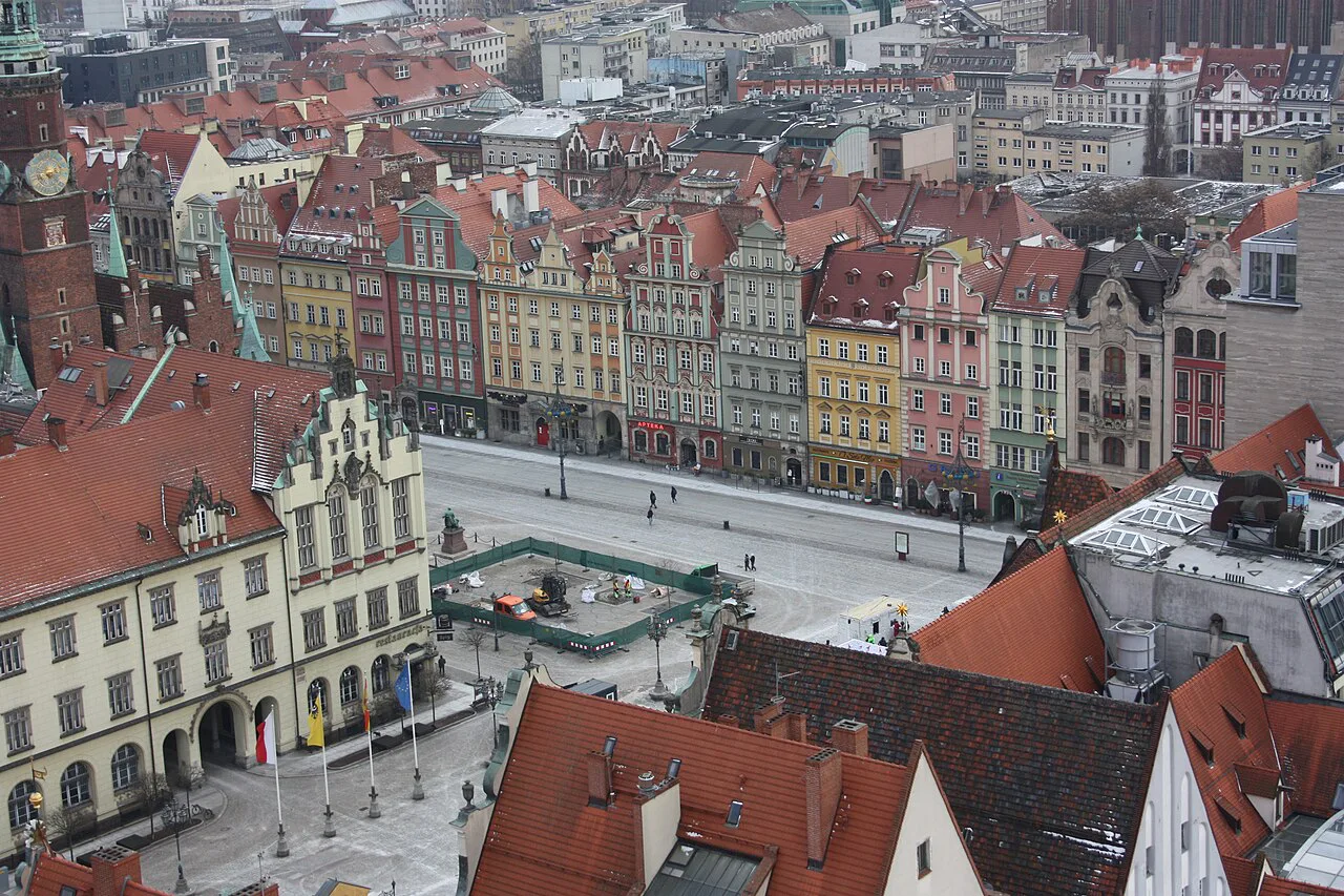 Wrocław's Market Square seen from the tower of St Elizabeth's Basilica.