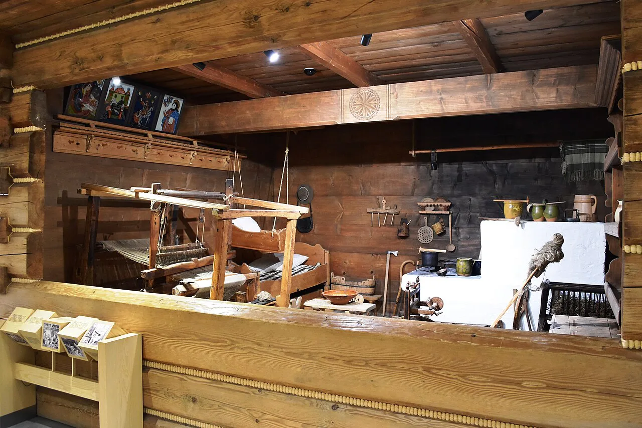 A wooden interior display at the Tatra Museum in Zakopane.