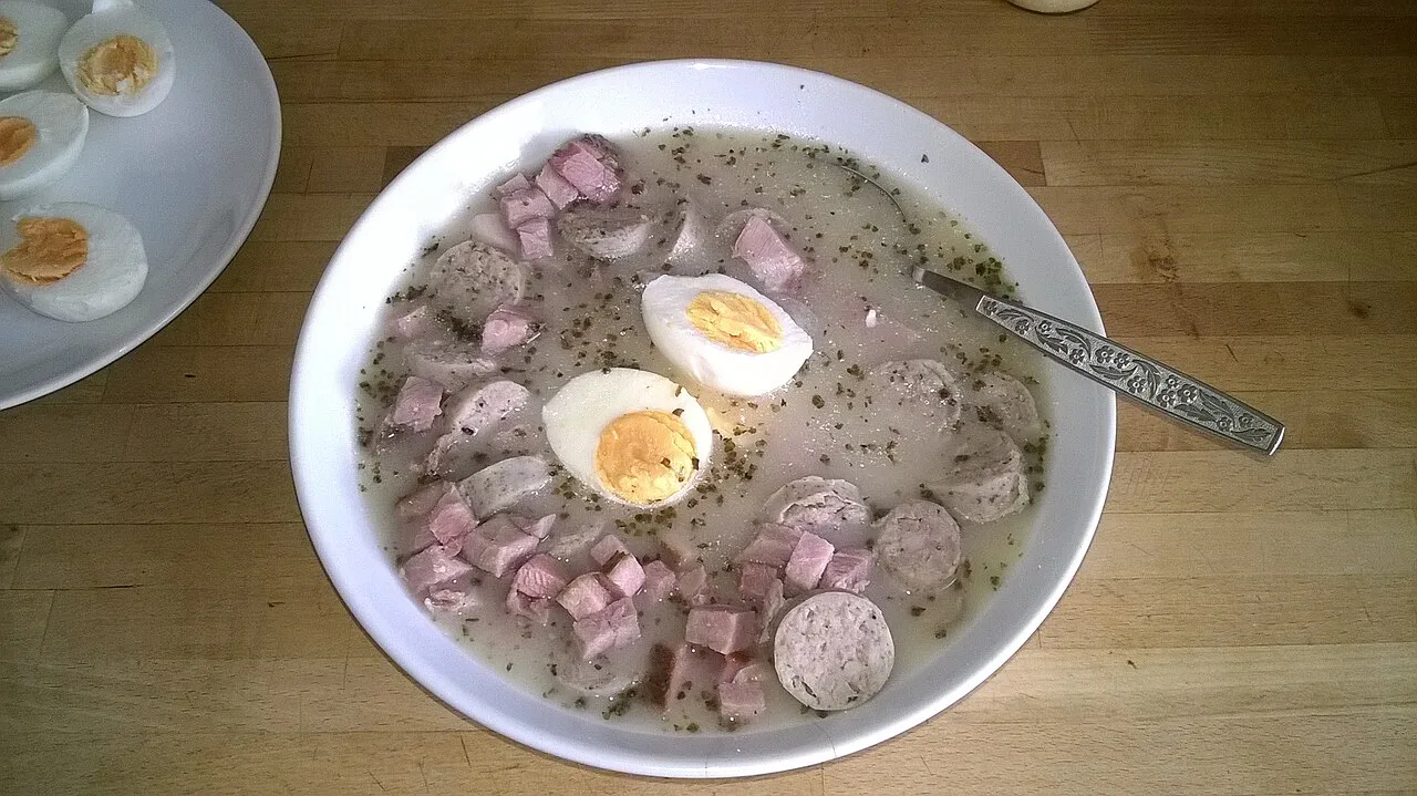 Żurek with egg and sausage.